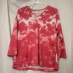 Allison Daley Women's Large Pink Blue Floral Top 3/4 Sleeves  L
